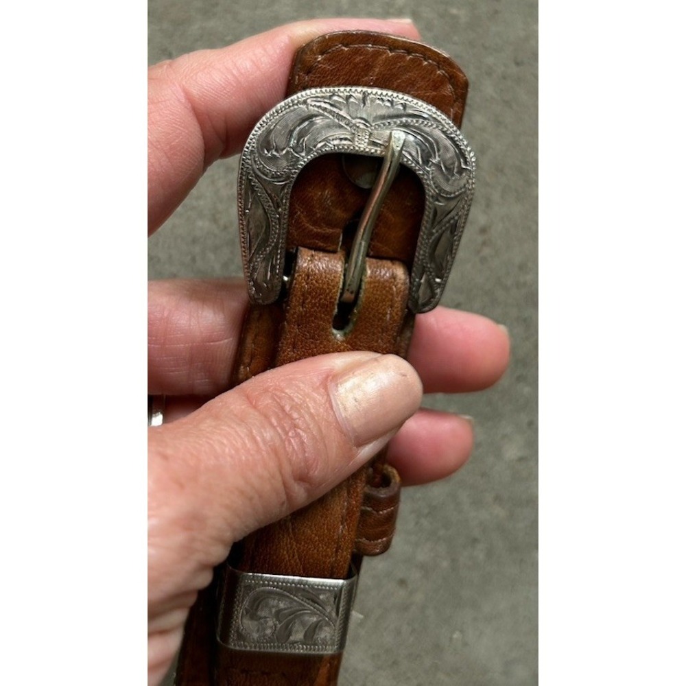 Vogt Sterling Silver Hand Engraved Belt Buckle Tooled Leather Belt Tony Lama